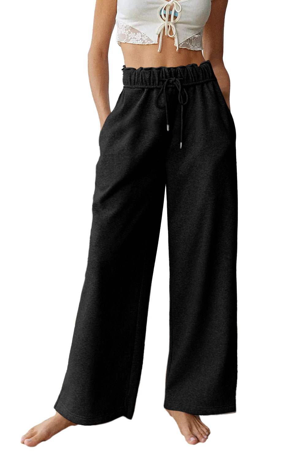 Black Elastic High Waist Drawstring Wide Leg Pants