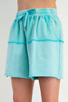 Aruba Blue Solid Color Pullover Top Plus Size Raw Hem Shorts Set