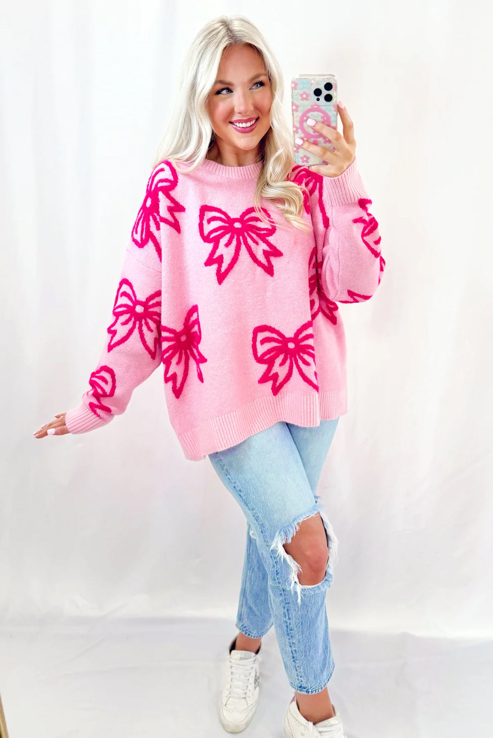 Pink Bow Pattern Drop Sleeve Loose Sweater