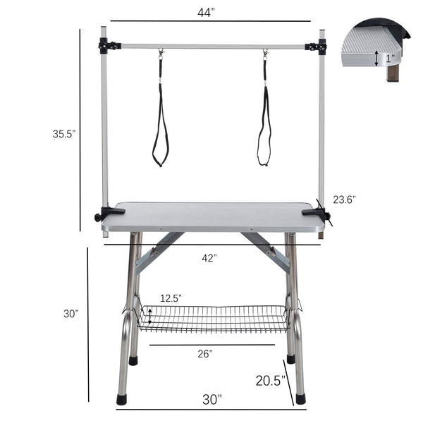 42' Folding Dog Pet Grooming Table Stainless Steel Frame Rubber Mat on Board with Adjustable Arm and Clamps pet dog Cat Grooming Table (SILVER-GRAY COLOR)