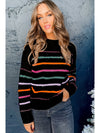 Black Colorful Striped Ribbed Trim Round Neck Sweater