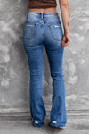 Dark Blue Ripped Raw Hem High Waist Flare Jeans - Cocoa Yacht Club