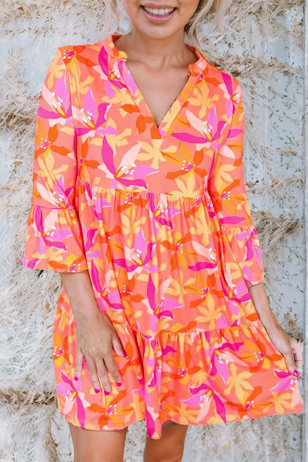 Orange Abstract Print V Neck Ruffle Bell Sleeve Mini Tiered Dress