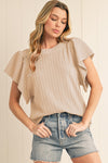 Beige Solid Color Textured Ruffle Short Sleeve Knit Top