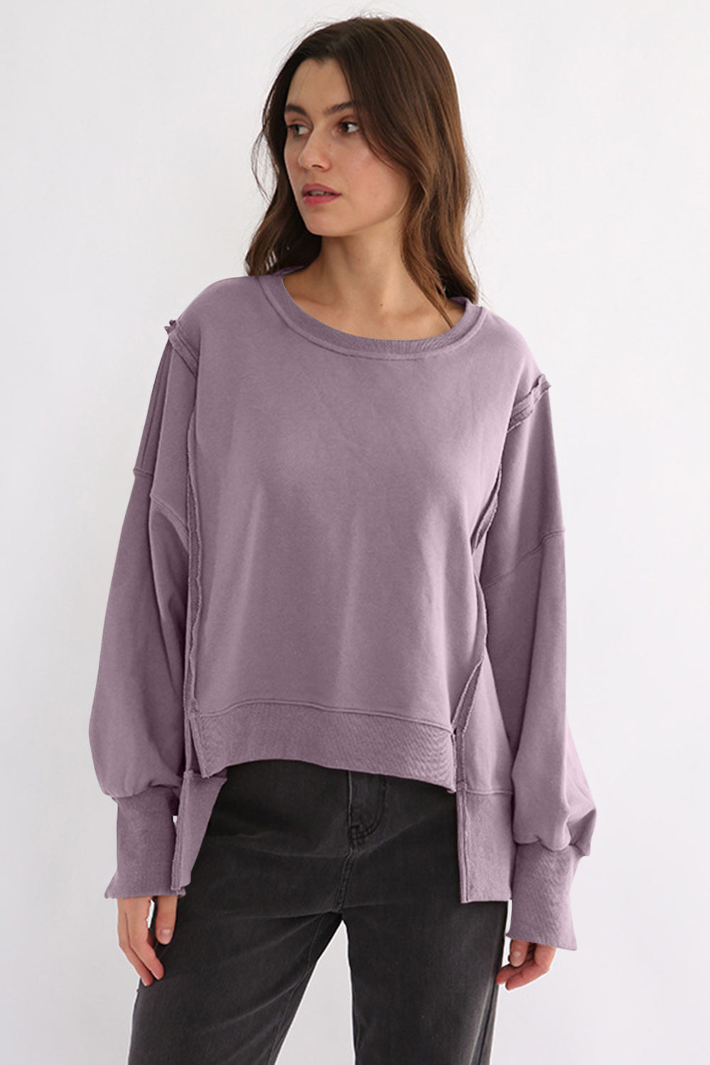 Exposed Seam High-Low Long Sleeve Sweatshirt