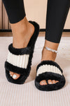 Black Colorblock Open Toe Fuzzy Slippers