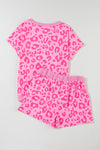 Pink Leopard Print Drawstring Shorts Loungewear Set