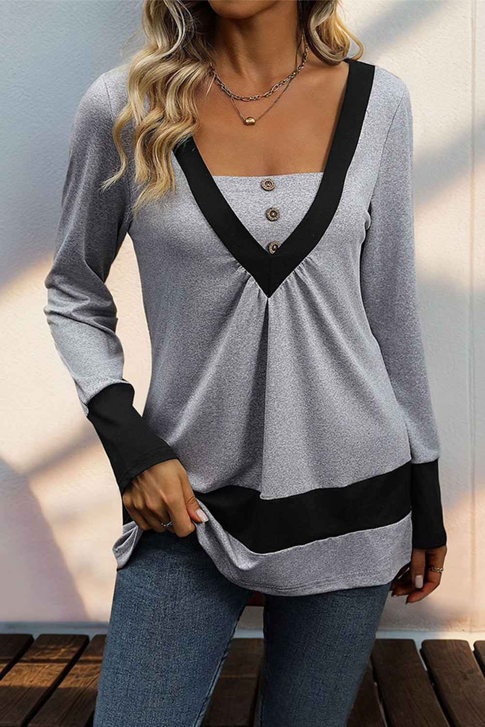 Gray Stripe Colorblock Button Long Sleeve Top