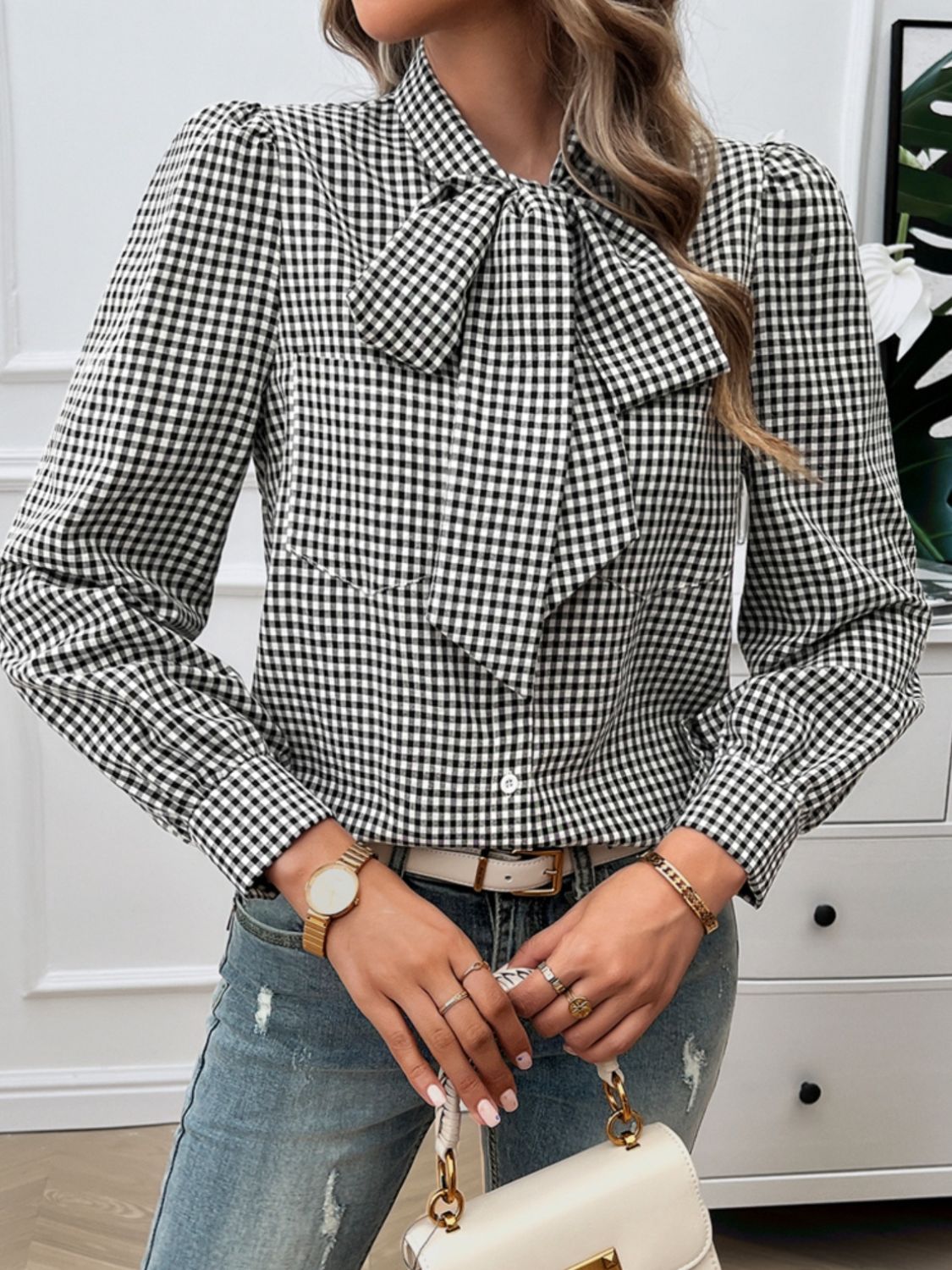  Devine Pocketed Plaid Tie Neck Long Sleeve Shirt.