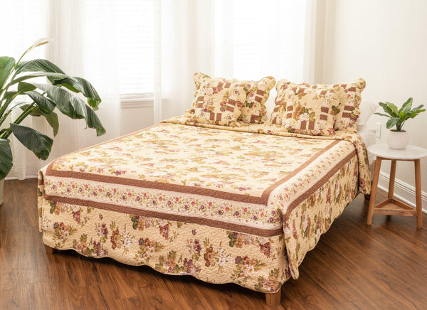 Vintage Cottage Rose Garden Floral Ivory Yellow Cotton Scalloped Quilted Bedspread Set (DXJ103478)