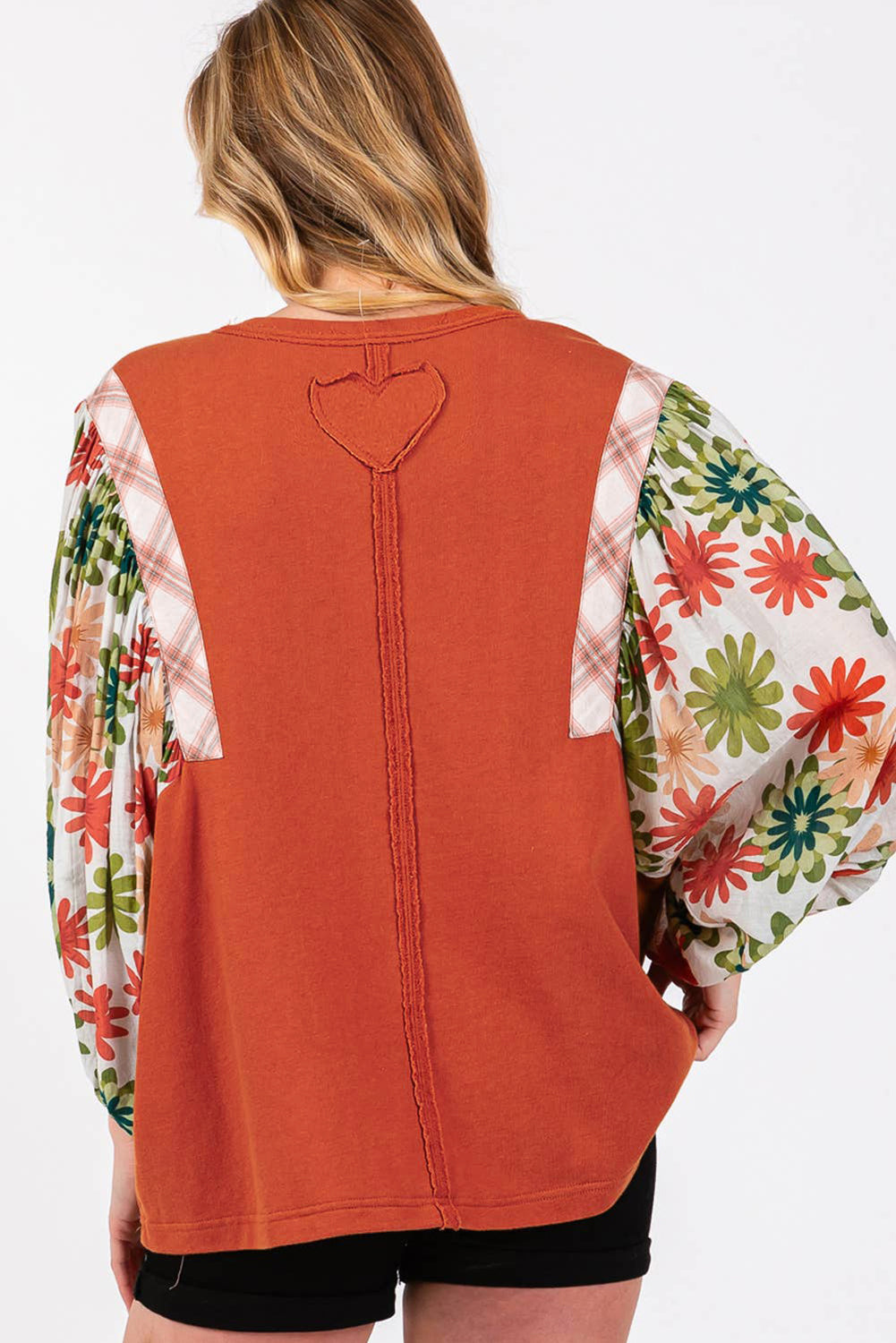 Desert Gold Floral Patchwork Sleeve Loose Top