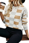 Black Checkered Crew Neck Drop Shoulder Knit Sweater