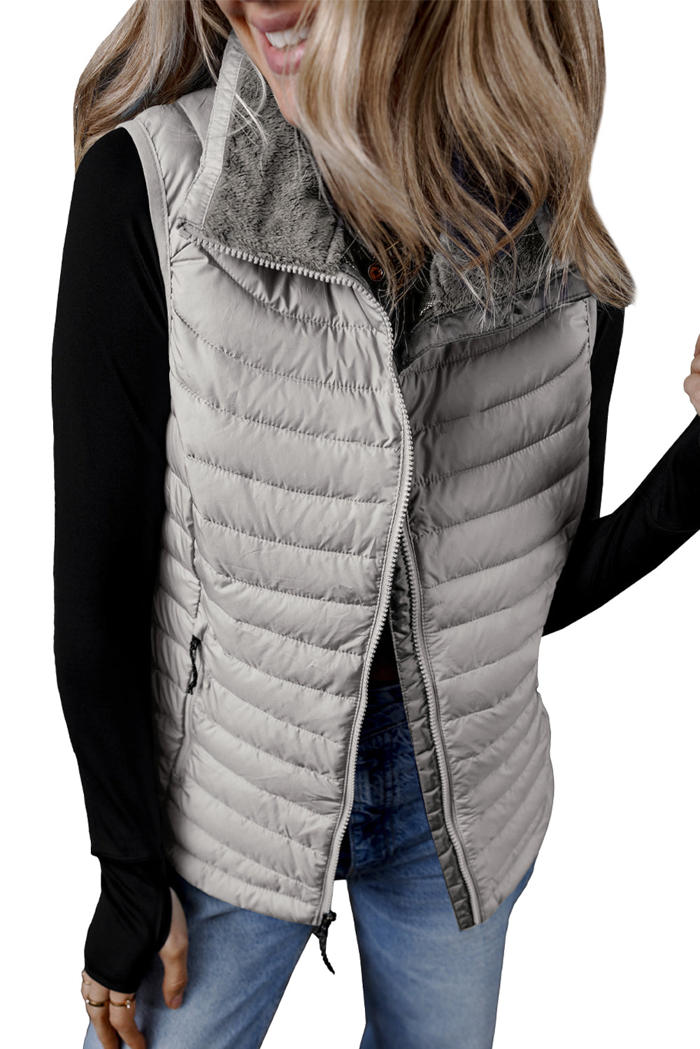 Silvery Plush Collared Quilted Zipped Puffer Vest