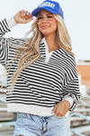 White Stripe Buttoned Crew Neck Oversized Sweatshirt