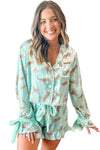 Green Leopard Satin Ruffle Hem Pajama Set