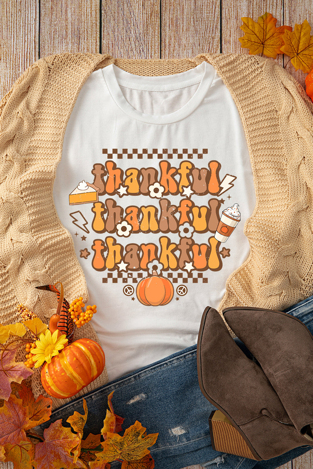 Khaki thankful Crewneck Thanksgiving Graphic Tee