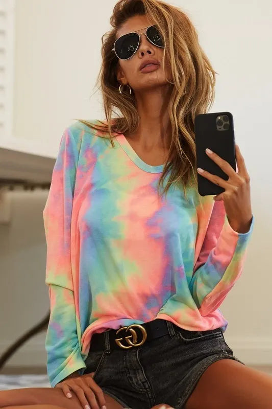 BiBi Tie Dye French TerryLong Sleeve Knit Top
