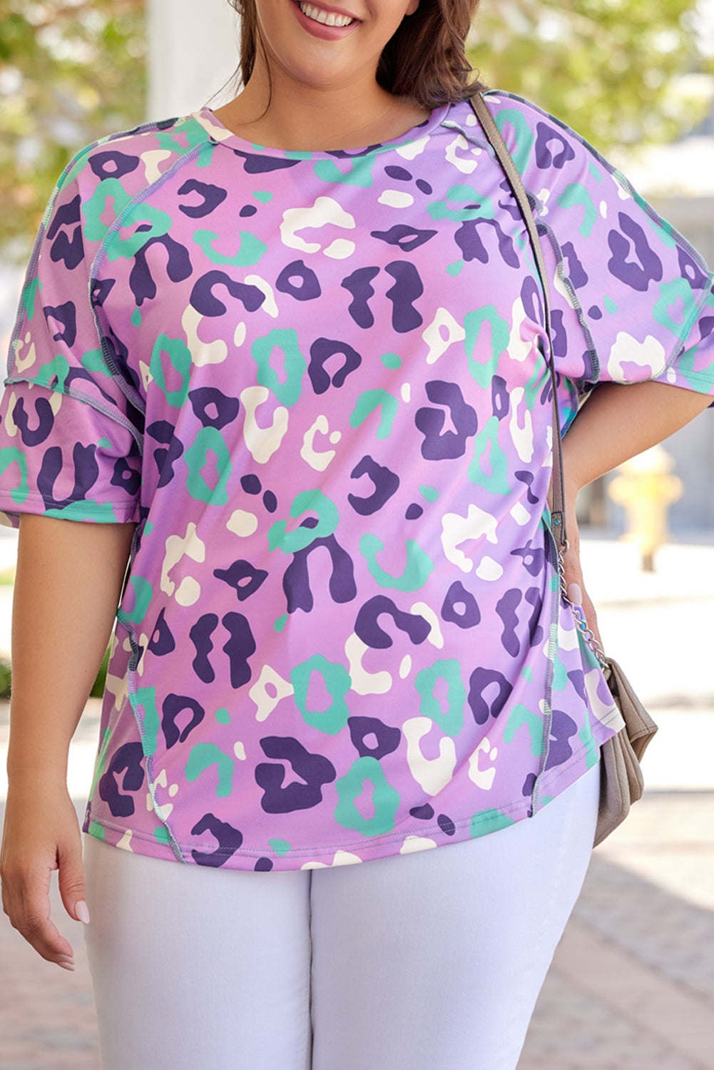 Purple Leopard Print Plus Size Short Sleeve Tee