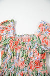 Apricot Pink Floral Knot Front Smocked Bubble Sleeve Dress