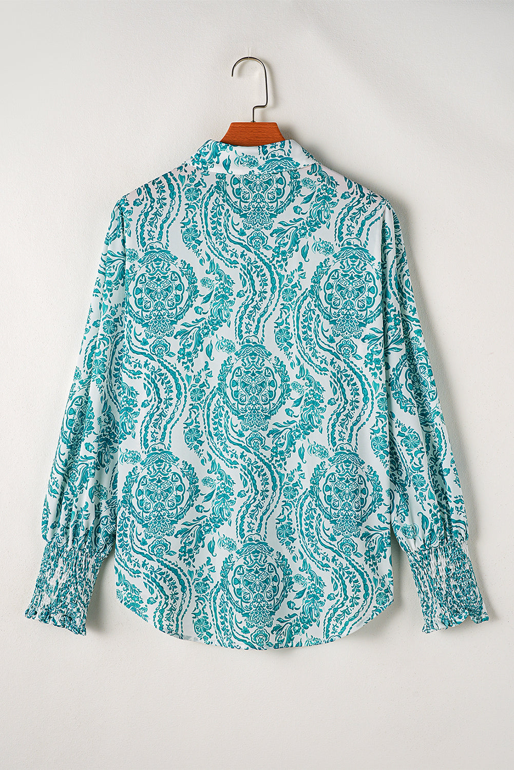 Green Paisley Print Smocked Cuffs Buttoned Loose Shirt