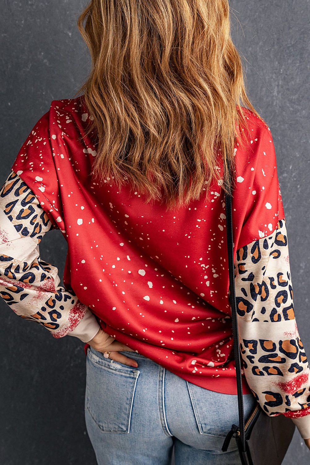 Red Shiny Santa Claus Leopard Sleeve Round Neck Sweatshirt