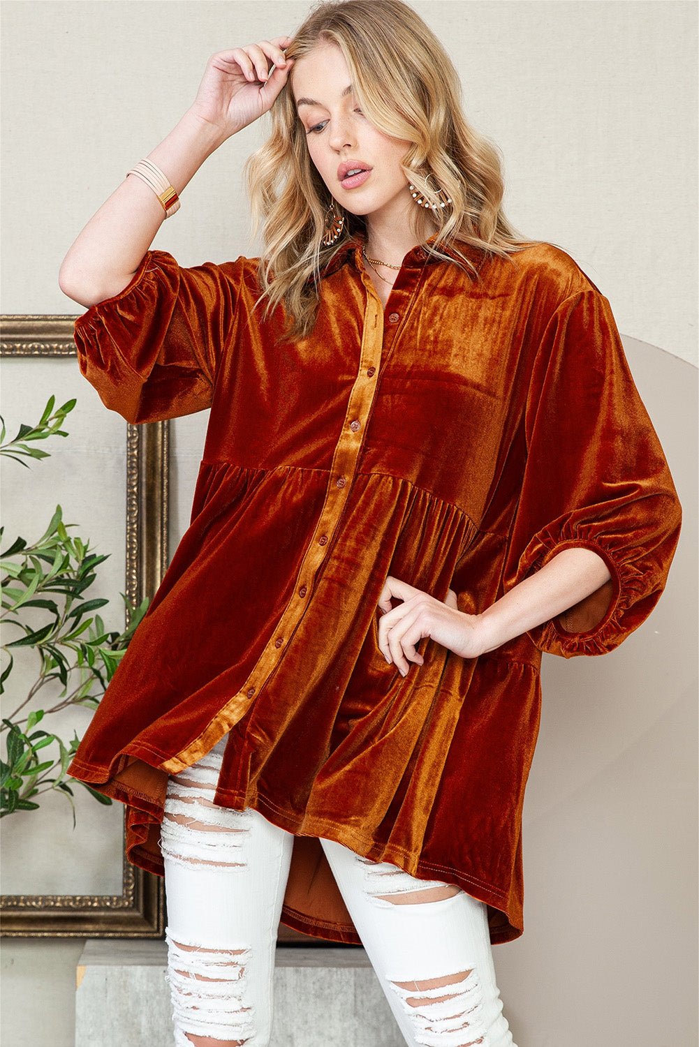 Dark Grey Lantern Sleeve Tunic Babydoll Velvet Shirt