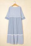 Sky Blue Crisscross Lace Detail Mixed Striped Patchwork Plus Size Dress