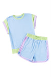 Blue Color Block Loose Fit Top and Elastic Waist Shorts Set