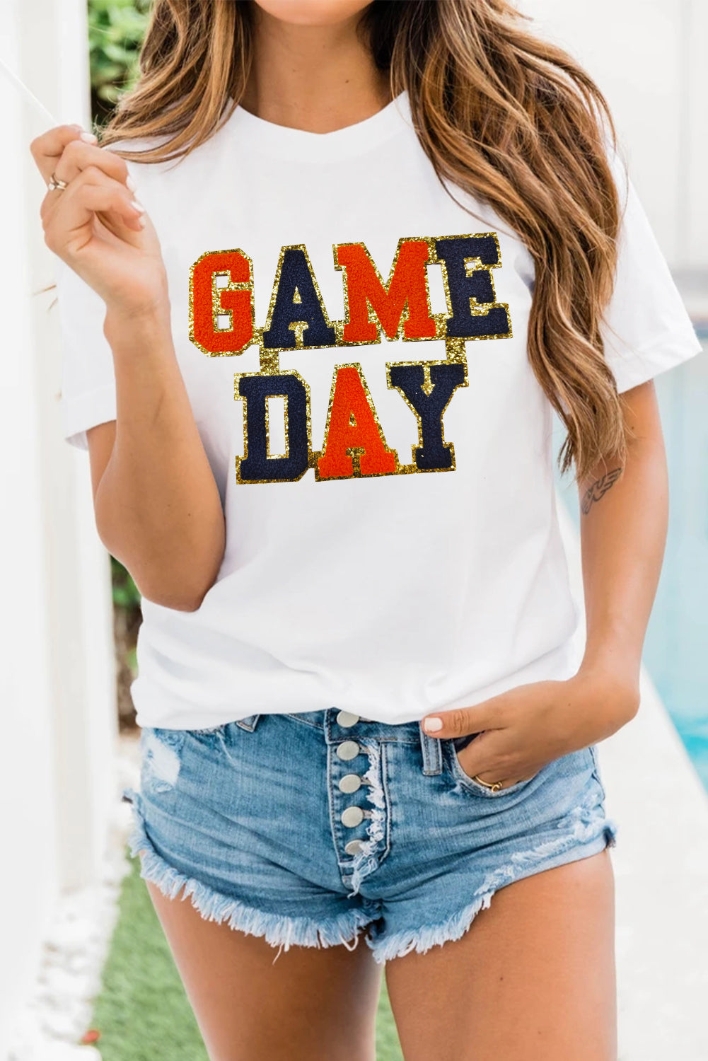 White GAME DAY Glitter Detail Round Neck T Shirt