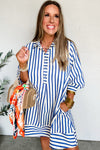 Blue Striped Collared Half Button Side Pockets Loose Fit Mini Dress