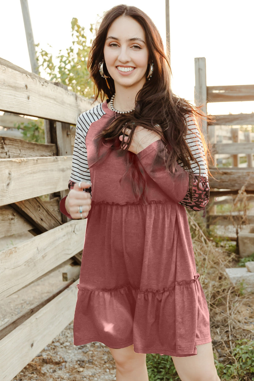 Pink Striped Leopard Patchwork Frill Long Sleeve Short Dress