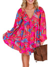 Rose Tropical Print Lantern Sleeve V Neck Ruffle Plus Size Mini Dress