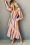 White Colorful Striped Cuffed Sleeve Tassel Tie Maxi Dress