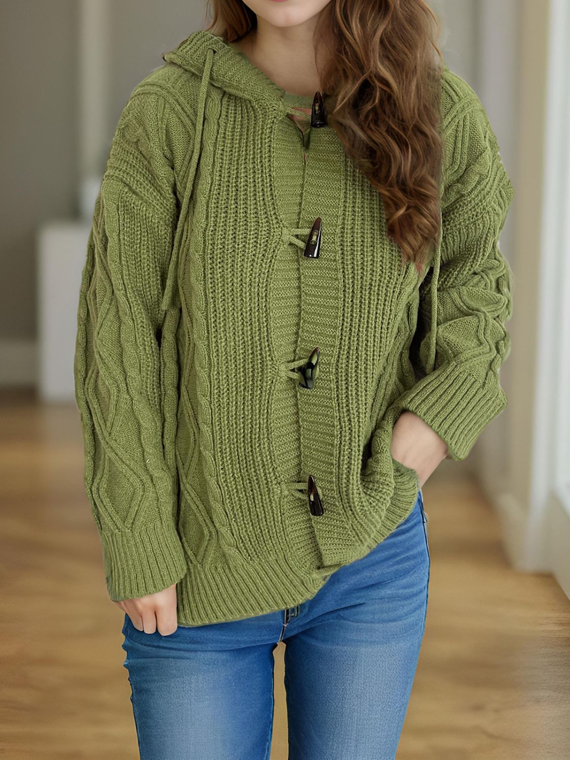 Cable-Knit Long Sleeve Hooded Cardigan