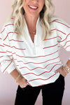 Fiery Red Striped Zipper V-Neck Drop Sleeve Top
