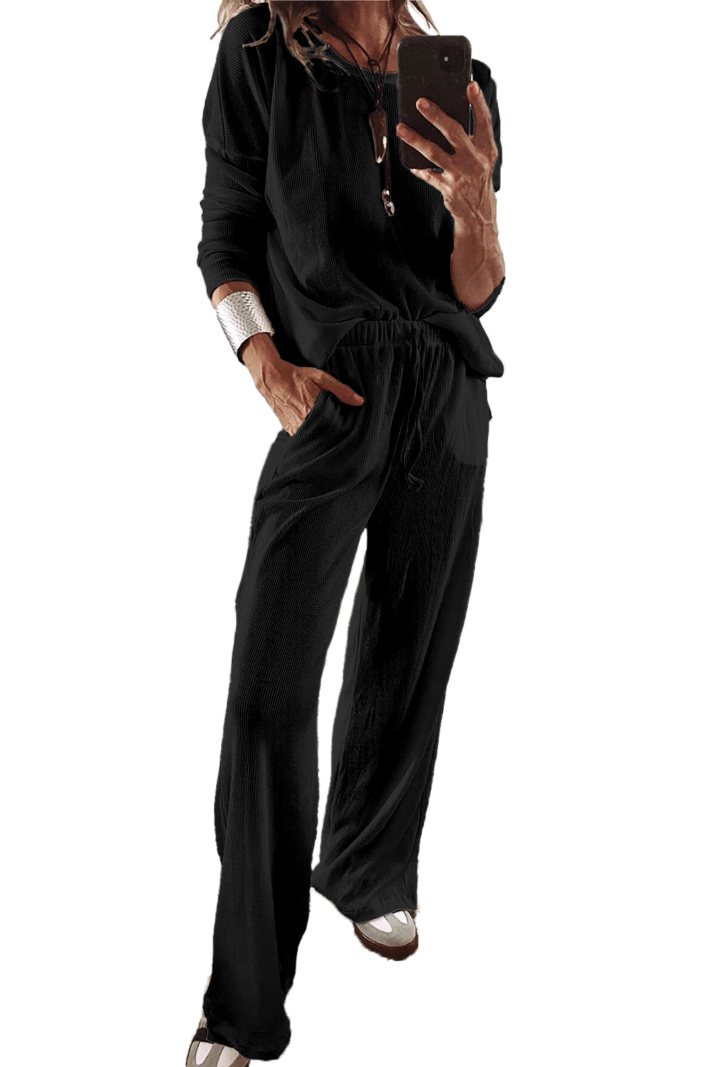 Loungewear Set Black Textured Long Sleeve Top and Pants Lounge Set.