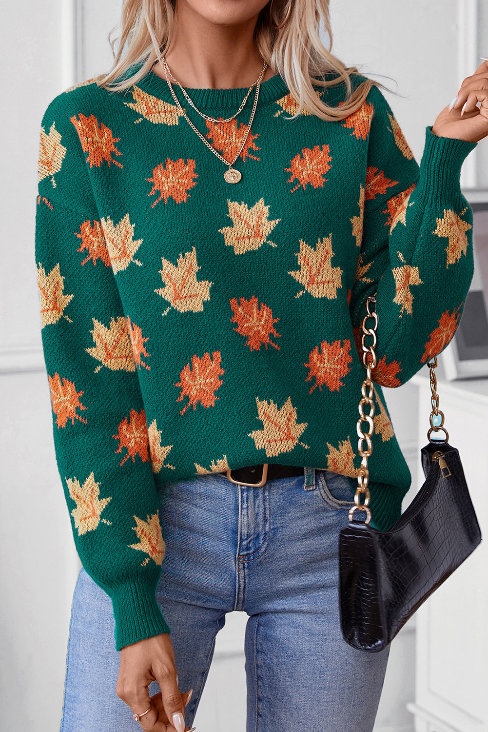 Evergreen Maple Leaf Pattern Pullover Sweater