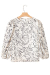 Beige Abstract Print Balloon Sleeve Crew Neck Blouse