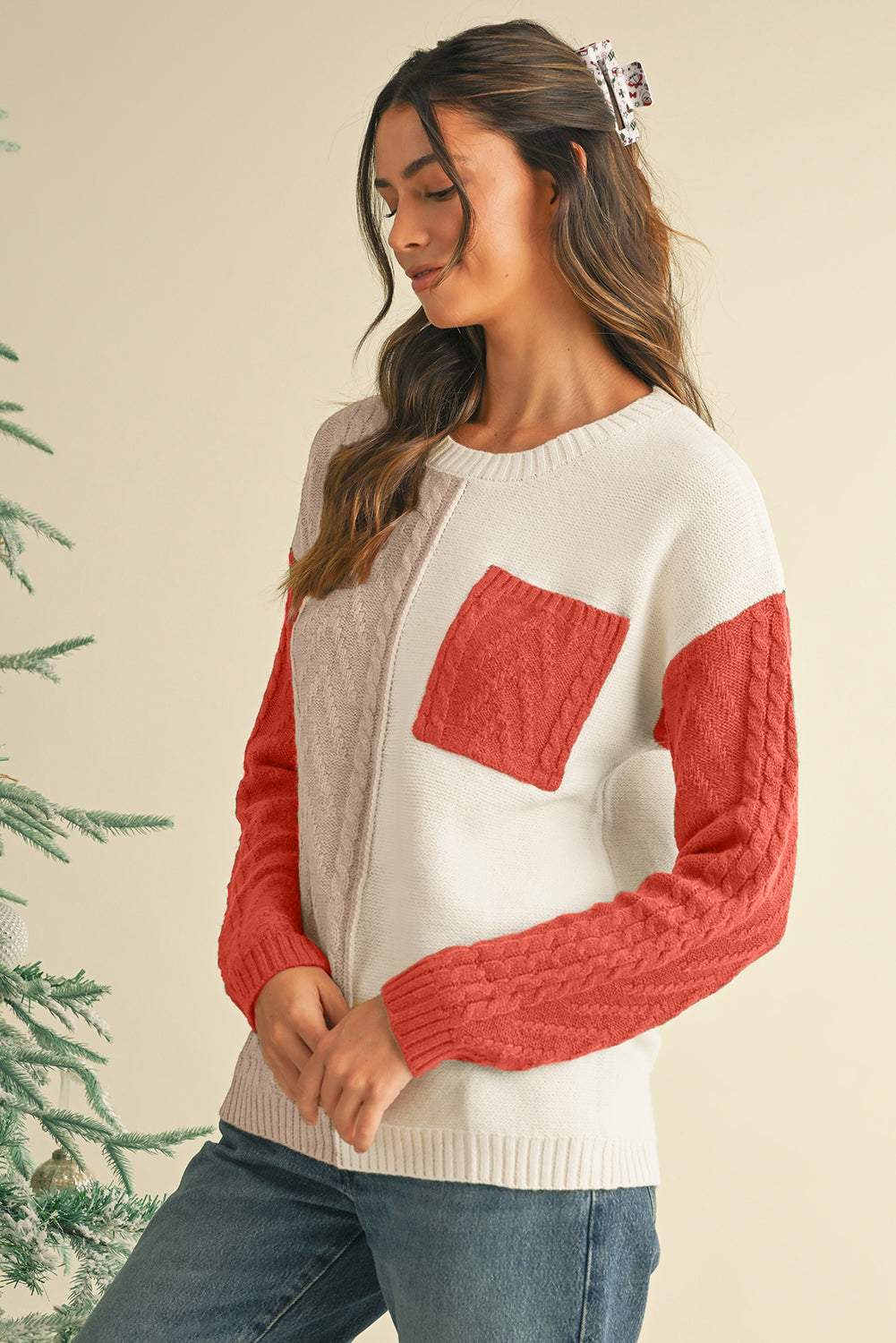 Rose Tan Colorblock Pocket Drop Shoulder Sweater