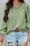 Grass Green Swiss Dot Lace Patchwork V Neck Long Sleeve Blouse