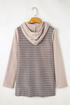 Gray Textured Knit Waffle Patchwork Striped Henley Hoodie