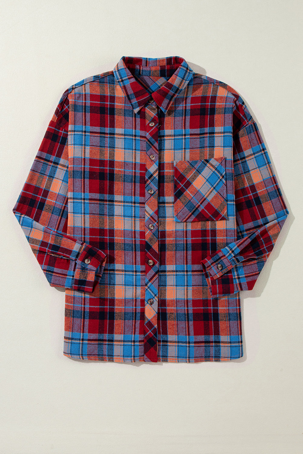 Red Plaid Print Drop Sleeve Loose Shirt