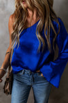 Blouses Dark Blue Asymmetric One Shoulder Bell Sleeve Satin Blouse.