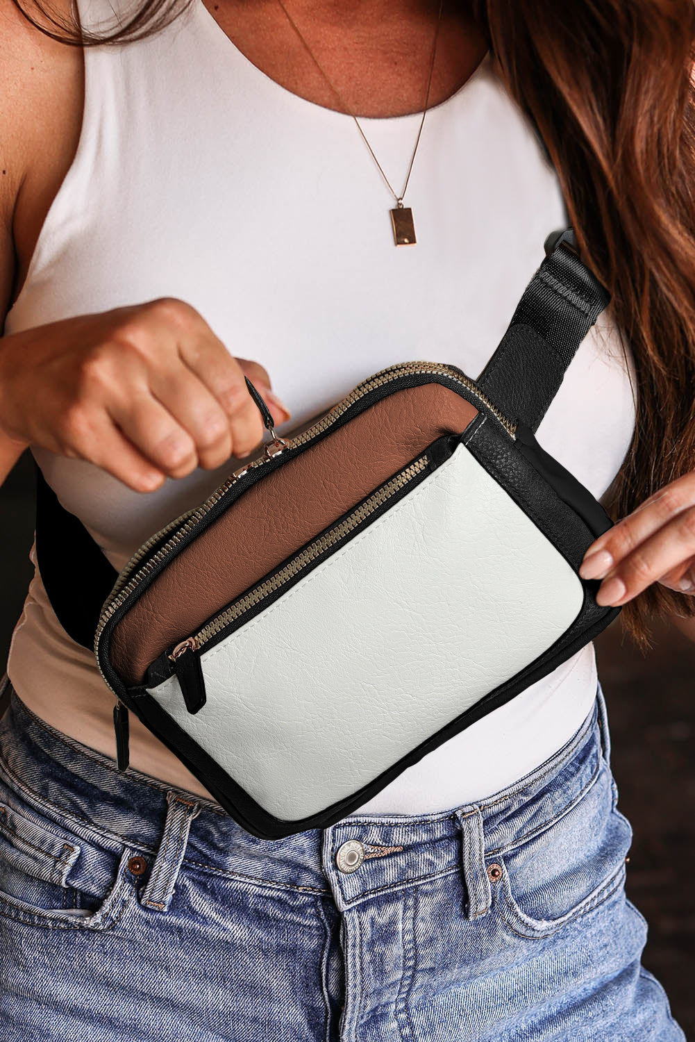 White Color Block Adjustable Belt PU Leather Crossbody Bag