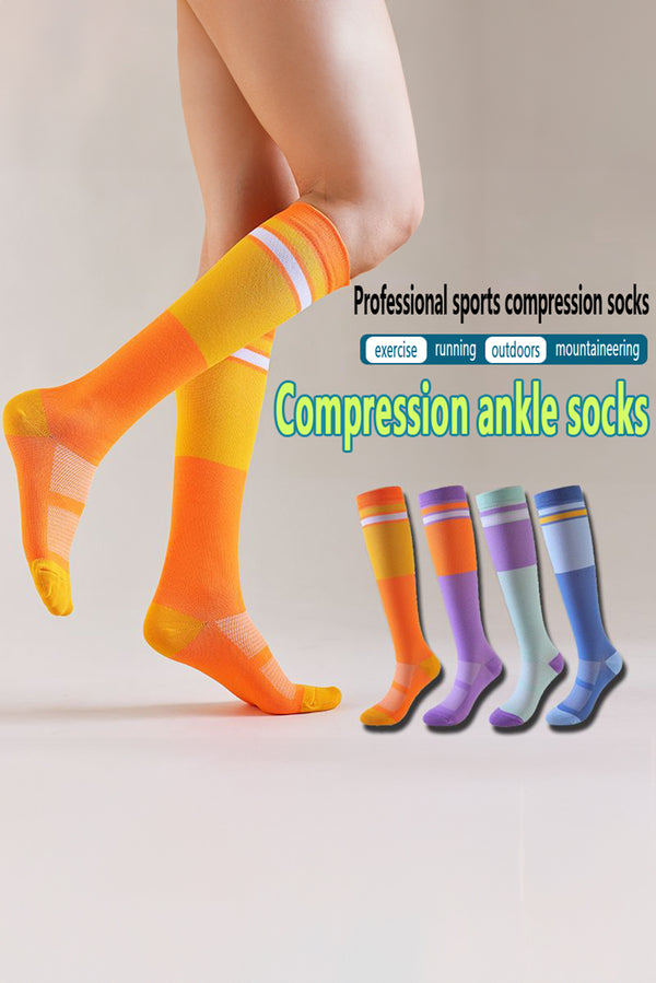 Orange Color Block Knit Sports Compression Knee High Socks