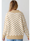 Apricot Checkered Buttons Collar V Neck Drop Shoulder Sweater