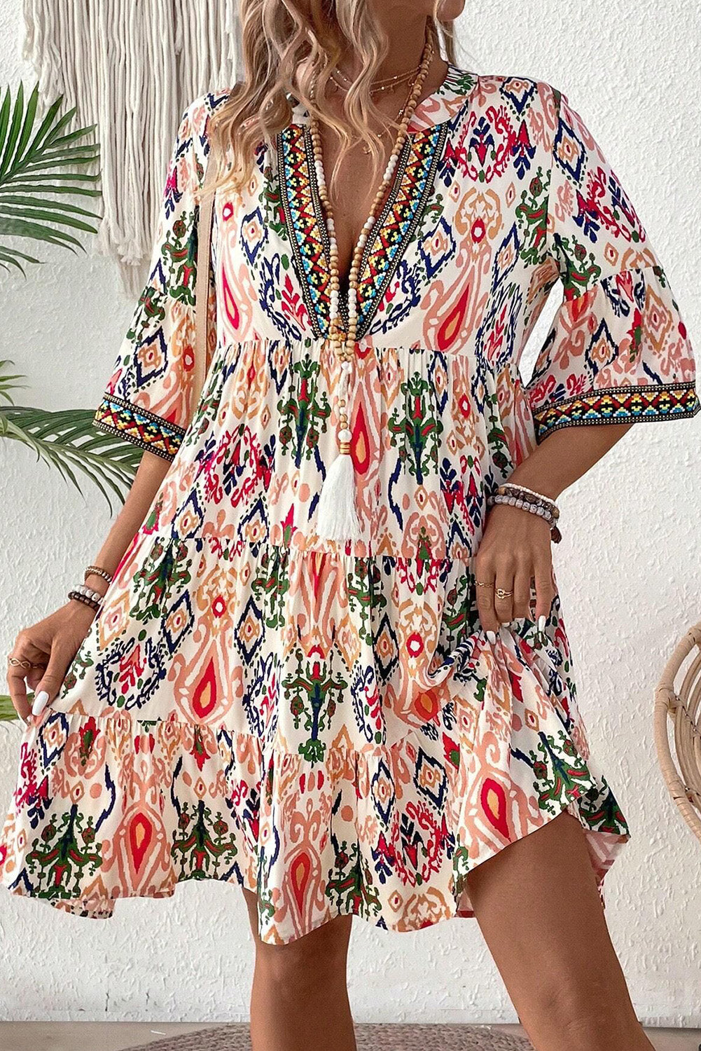 Multicolour Abstract Print Bell Sleeve Tiered Mini Dress