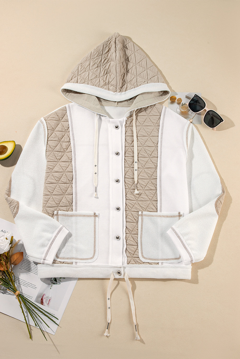 Light Blue Quilted Textured Patchwork Hooded Jacket