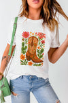White Floral Boots Printed Casual Cotton Blend T Shirt