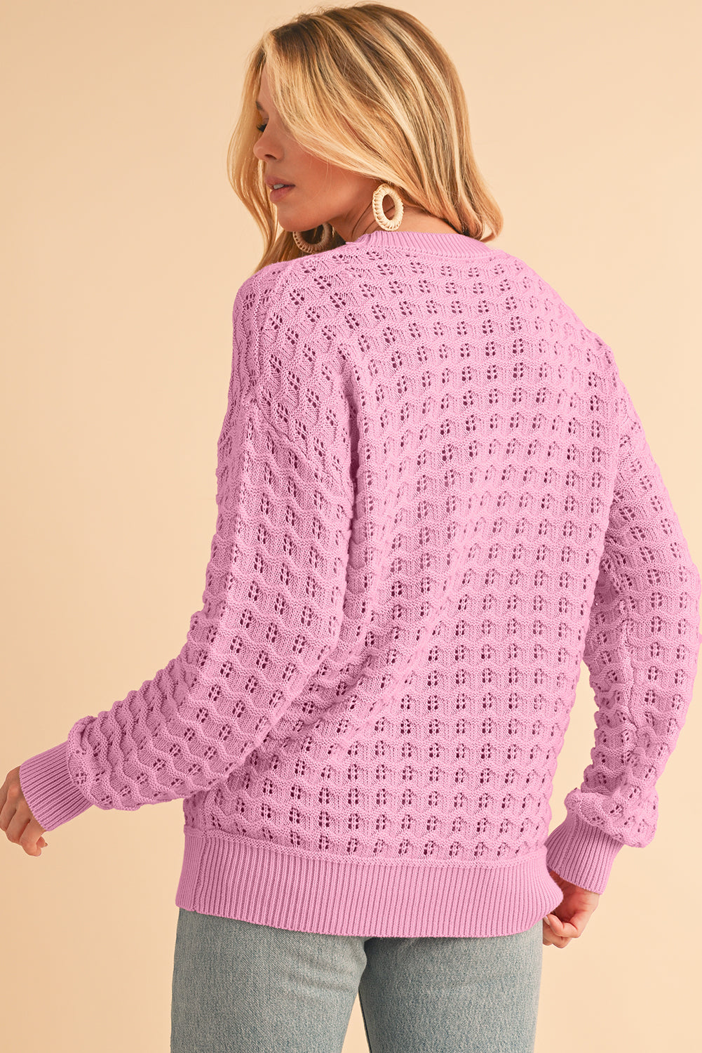 Pink Crochet Knit Drop Shoulder Sweater